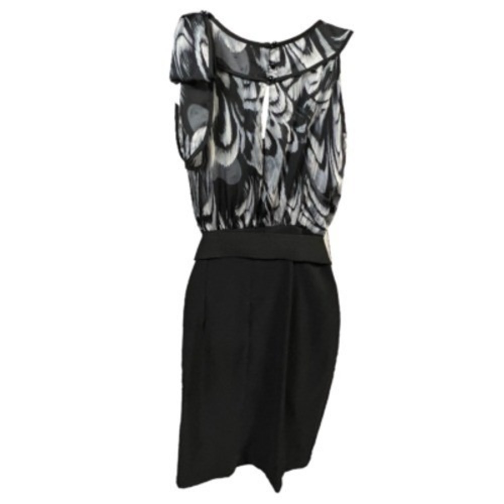 AB Studio Sheath Dress Black Grey Feather Print Women Size 6 Belted Elegant - Picture 3 of 13